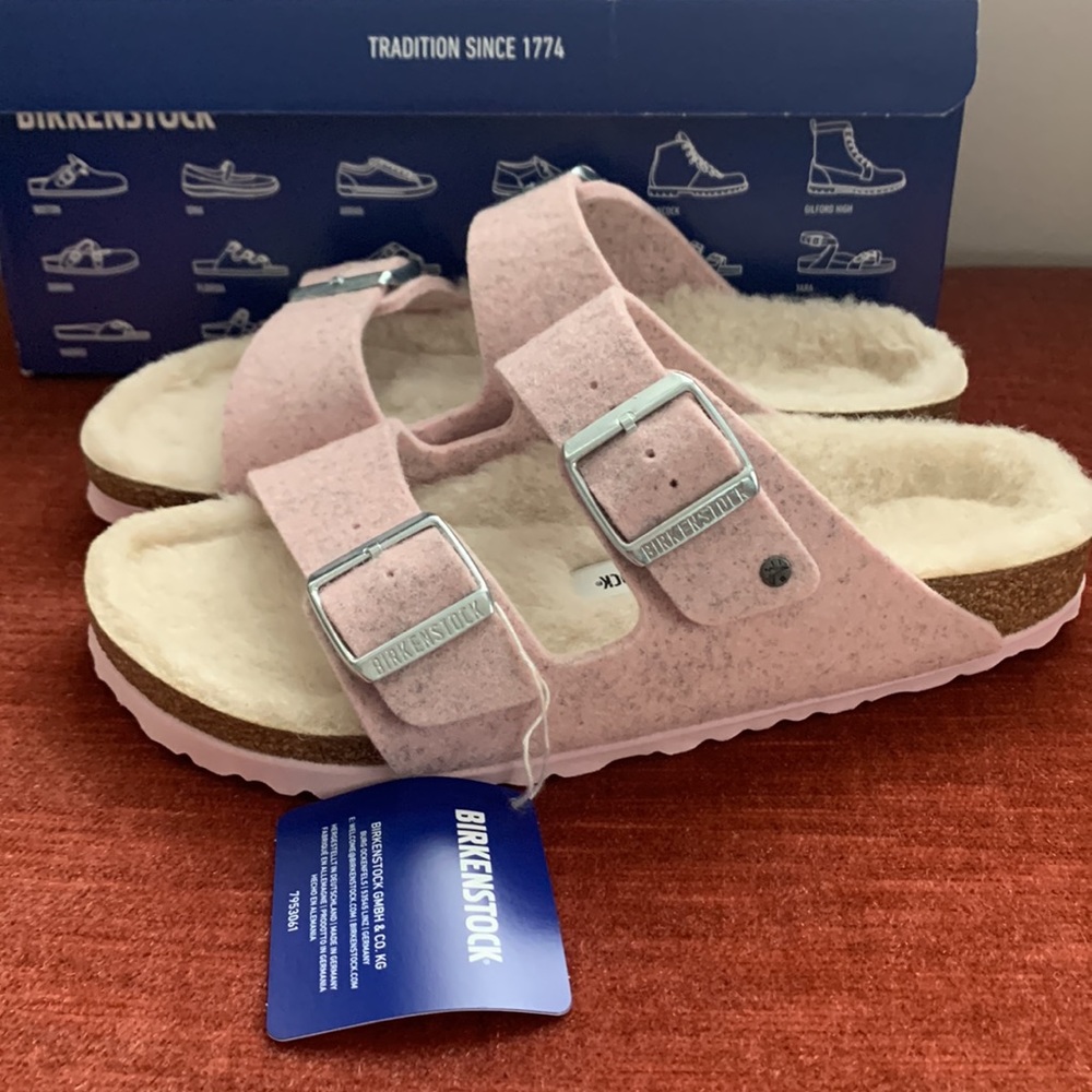 📌 Birkenstock Arizona Rivet Soft Pink shearling wool 38 US 7 narrow to reg fit - Picture 5 of 9